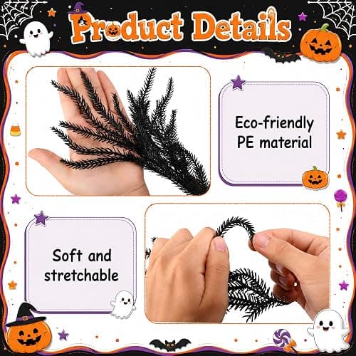 2 Pcs 12ft Black Halloween Norfolk Pine Garland, Realistic Gothic Faux Garland Mantle Decoration, Black Artificial Hanging Vine Twigs for Door Fireplace Mantle Stairs Holiday Home Party Decoration thumbnail 4