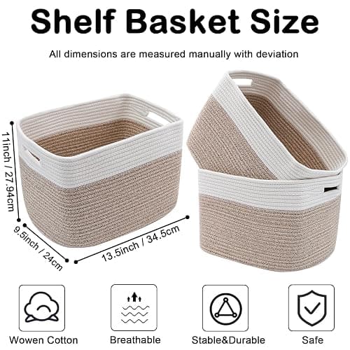 HZFTJOY 3 Pack Woven Baskets,Storage Baskets for Shelves with Handles | 13.5"×11"×9.5" Closet Baskets, Nursery Organizer for Toys Towels Books, Storage Bin for Living Room Bedroom (White&Brown) thumbnail 2