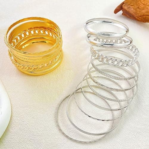 RINTOLER 16Pcs Gold Bangle Bracelets for Women - Multi Layer Stackable Textured Bracelets Boho Jewelrys Set. thumbnail 7