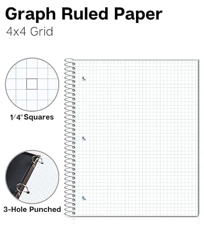 Dunwell Graph Paper Notebook 8.5 x 11 (Blue) Plastic Cover, 100 Sheets (200 Pages), 4x4 Squares, 1 Subject Graph Paper Spiral Notebook, 1/4" Grid, Pocket Divider, Easy Tear-Off, 3-Hole Punched | 100 Sheets (200 Pages), 1-Subject Graph Paper Spiral Notebook, 4x4 Squares, Pocket Divider, 3-Hole Punched Pages thumbnail 3