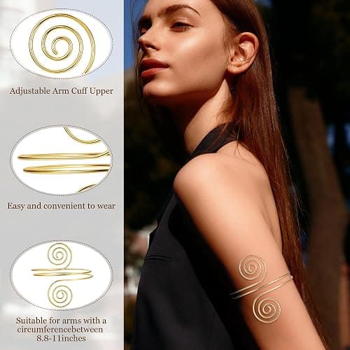 AFSITNIG 6 Pieces Upper Arm Cuff Arm Band Cuff Bangle Bracelet for Women Hammered Chunky Bracelets Open Wide Wire Bracelets Minimalist Coil Bangle Set Gold Sliver Wrist Cuff Wrap Bracelet Adjustable thumbnail 3
