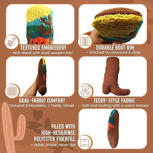 Cowboy Boot Pillow for Western & Farmhouse Decor – 3D Embroidered Velvet Cowboy Throw Pillow with Resilient Fill for Boho & Preppy Room Decor –14x10 Decorative Western Throw Pillows with Cactus Design thumbnail 5