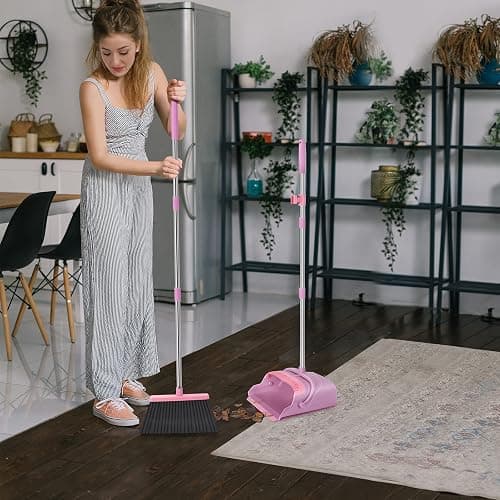 kelamayi Broom and Dustpan Set for Home, Office, Indoor&Outdoor Sweeping, Stand Up Broom and Dustpan (Pink) thumbnail 6