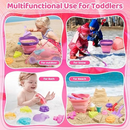 Beach Sand Toys for Kid Age 3-12 Collapsible Buckets 2 Big Size Sand Shovel | Rake Animal Sand Molds Toys with Mesh Bag Silicone Pail Sandbox Kit Beach Accessories Must Haves for Kids Age 3+ (19 PCS) thumbnail 5