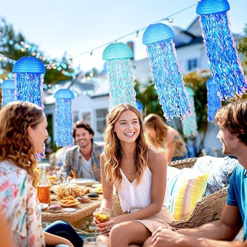 OBXT 10" Blue Hanging Jellyfish Paper Lanterns - Under The Sea Party & Mermaid Birthday Decorations, Baby Shower, Nautical Events, Ocean Theme Classroom & Beach Room Decor (Set of 6) - Gradient Blue B thumbnail 7