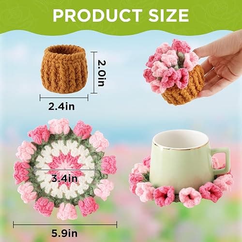Vane Oak Flower Crochet Coasters, Handmade Bouquet Blanket Coaster with Crochet Plant Pot Fun Soft Decorative Drink Coasters for Coffee Tabletop Protection and Home Decor (Pink, 1Pc) thumbnail 3