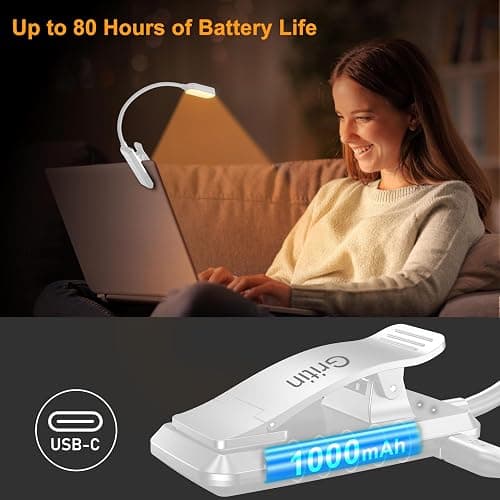 Gritin Lampe de Lecture 16 LED, Liseuse Lampe Clip Rechargeable, Gradation Progressive, 3 Modes de Protection des Yeux (Blanc/Ambre/Mixte), 360°Cou Flexible pour Lire au Lit,Blanc thumbnail 6