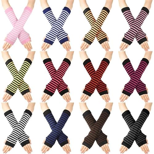 Foaincore 12 Pairs Striped Knit Arm Warmer Winter Knitted Long Fingerless Gloves Thumb Hole Stretchy Gloves Goth Knit Arm Sleeves for Women Costume Cosplay Accessories - Image 1