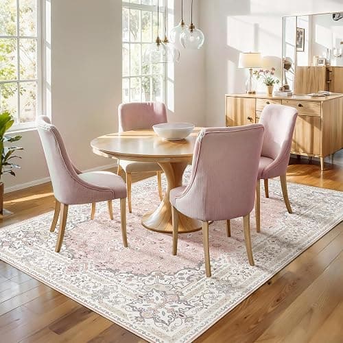 Brakki Pink 5x7 Area Rugs for Living Room, Washable Vintage Boho Rug Non Slip for Bedroom Kitchen Office, Low Pile Soft Stain Resistant Carpet Floor Indoor Laundry Dining Room thumbnail 3