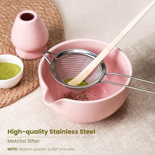Matcha Whisk Set, Handcrafted Bamboo Chasen & Ceramic Bowl Matcha Kit,Complete 5 Pcs Pink Matcha Set Whisk and Bowl W/Stainless Steel Sifter,Bamboo Scoop & Holder for Matcha Tea Ceremony(Sakura Pink) thumbnail 2