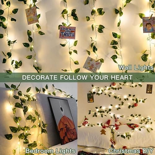 suddus Vine with Fairy Lights Battery Operated, 33ft100 LED Pothos String Lights with Remote, Leaf Lights for Bedroom, Room, Wall, Garden, Party, Wedding Decor(Warm White) thumbnail 2