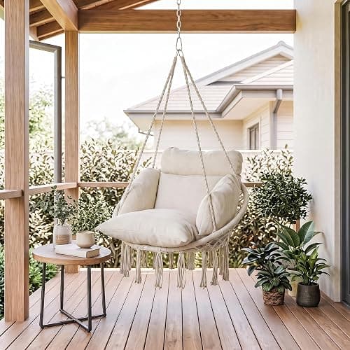 Outsunny Hammock Swing Chair w/Large Cushion Cotton Rope Chain Cream White | Outdoor Hanging Chair, Weaving Macrame Swing, 265 LBS Capacity, for Indoor Outdoor Bedroom Patio Balcony thumbnail 9