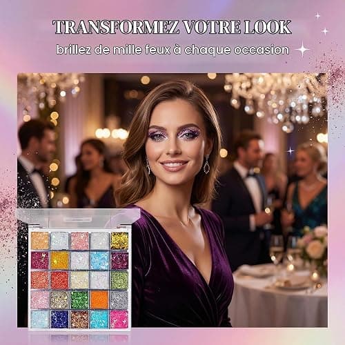 Palette de Maquillage 25 Couleurs Paillettes Visage Iridescentes, Gel Paillettes Corps et Visage Résistant à l'Eau pour Carnaval Festival Soirée, Maquillage pour Fête Adulte et Enfant thumbnail 3
