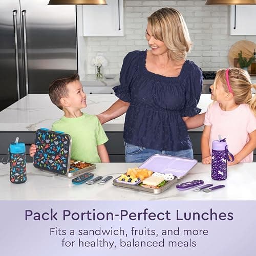 Bentgo Kids Stainless Steel Prints Leak-Resistant Lunch Box - 3-Compartments with Bonus Silicone Container, Durable, Eco-Friendly, Dishwasher Safe, BPA-Free, Ideal for School, Ages 3+ (Unicorn) thumbnail 2
