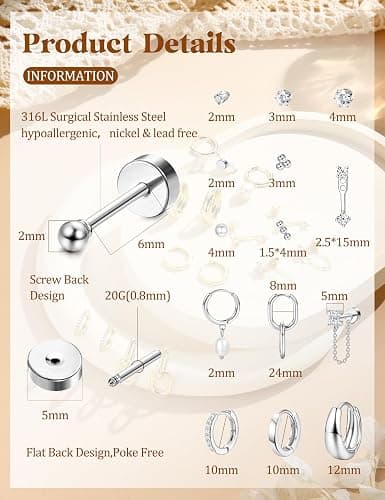 15Pairs Flat Back Earrings for Women Hypoallergenic Surgical Steel Earrings for Sensitive Ears-20G Cartilage Earring Stacks 14K Gold Plated Hoops Flatback Stud Earring Sets for Multiple Piercing thumbnail 8