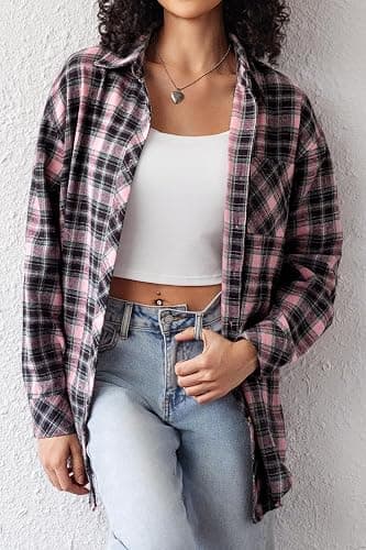 CHYRII Womens Button Down Flannel Shirts Long Sleeve Plaid Shackets Business Casual Blouse Top thumbnail 3