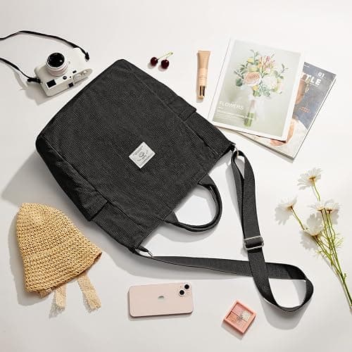 KALIDI Corduroy Tote Bag, Large Slouchy Hobo Messenger Crossbody Bag | Anti Splash Zipper Side Pockets Shoulder Bag Adjustable Strap Lightweight Casual Work Shopping Women thumbnail 4