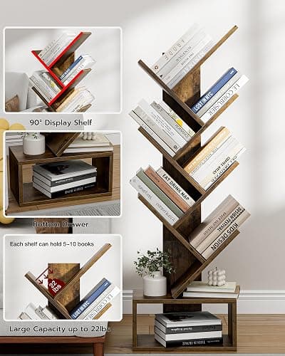 6 Tier Tree Book Shelf - Small Bookshelf Decor, Corner Bookshelf, Living Room Storage, Tall Narrow DVD & CD Shelf Storage Bookshelves, Comic Bookcases Standing for Bedroom or Office, Rustic Brown thumbnail 5