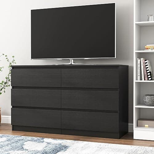 Vibe & Dine Double Dresser 6 Drawer, Modern Chest of Drawers with Wide Storage for Closet, Bedroom, Living Room, Black thumbnail 7