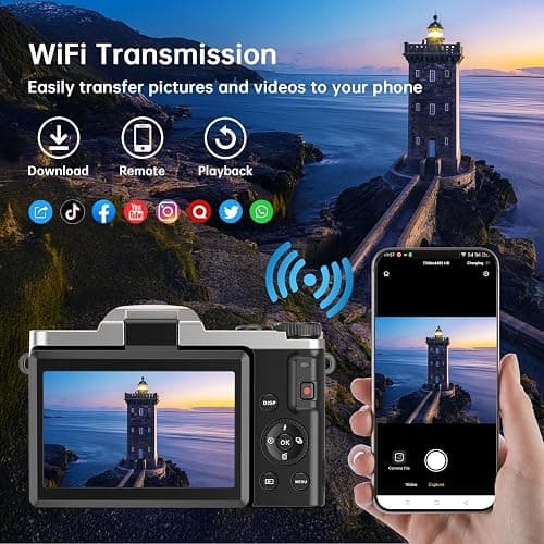 4K Digital Camera for Photography with WiFi 64MP Auto-Focus Vlogging Camera for YouTube Video 3'' 180° Flip Screen 4K Cameras 16X Zoom Anti-Shake Compact Point and Shoot Cameras with SD Card thumbnail 3