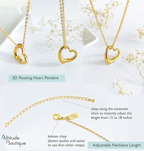 Altitude Boutique Open Heart Necklace for Women Floating Heart Necklace Hypoallergenic Simple Heart Necklace I Love You Necklace (Gold, Rose Gold, Silver) - Gold thumbnail 5