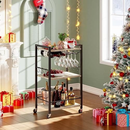 TUTOTAK Bar Cart, Home Bar Serving Cart, Small Wine Cart with 3-Tier Shelf, Beverage cart, Drink Cart with Wine Rack and Glass Holder, Rolling bar carts for The Home, Living Room, Greige BC01BG035 thumbnail 8