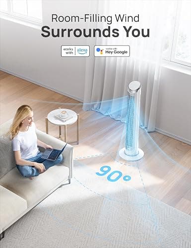 DREO Smart Tower Fan for Bedroom, 90° Oscillating Fan, 26ft/s Wind, 28dB | 5 speeds 4 modes, Quiet Floor Fans for Room , 12H timer, Remote/APP & Voice Control, Standing Fans that Blow Cold Air, White thumbnail 4