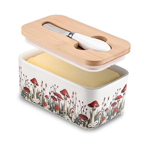 Fungi Fun Ceramic Mushroom Butter Dish with Lid and Knife, Cute Butter Dish for Countertop and Fridge, Ceramic Container for Countertop with Lid and Selicon Seal, Ideal for Mushroom Kitchen Decor - Image 1