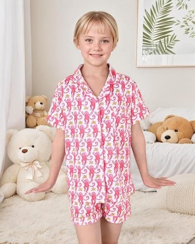 Zelbuck Girls Summer Outfit, Kids 2 Piece Button Down Monkey Beach Shorts Set Ugly Animal Y2k Preppy Loungewear Pjs thumbnail 4