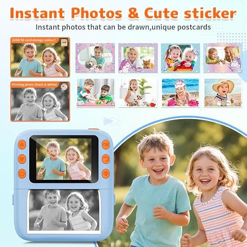 Instant Print Camera for Kids, Christmas Birthday Gifts for Girls Boys, 1080P Instant Digital Print Cameras for Toddler,Portable Toy for 4 5 6 7 8 9 10 Year Old Girl with 32GB SD Card，Light Blue thumbnail 3