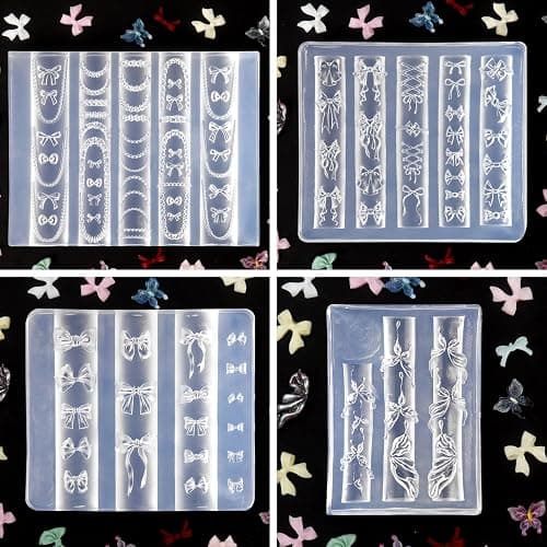 Laza 4pcs Bowknot Silicone Nail Art Molds, 3D Multiple Shapes Ribbon Lace Bows Charms Silicone Nail Accessories with Carving Pen Resin Nail Art Mold Manicure Tools for Women DIY Manicure Design thumbnail 5