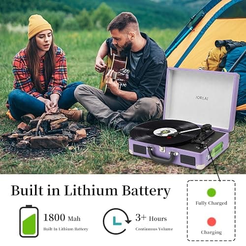JORLAI Record Player 3 Speed Vinyl with Bluetooth Vintage Turntable Built in Battery Portable Suitcase Support Aux in RCA Line Out Headphone Jack Purple thumbnail 5