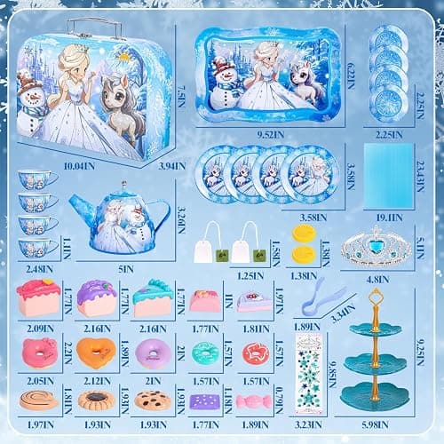Hohosunlar Frozen Tea Party Set for Little Girls, Princess Gift Toy, Kids Pretend Play Tin Tea Set with Teapot, Tea Cups, Food Playset & Carrying Case, Birthday for Girls Age 3+ thumbnail 3