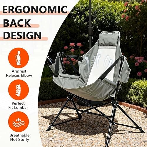 Hammock Camping Chair 2Pcs, Folding Portable Rocking Chair(2, Gray) | Adjustable Back Swinging Chair with Pillow Cup Holder, Recliner with Carry Bag for Outdoor Travel Lawn Backyard thumbnail 3