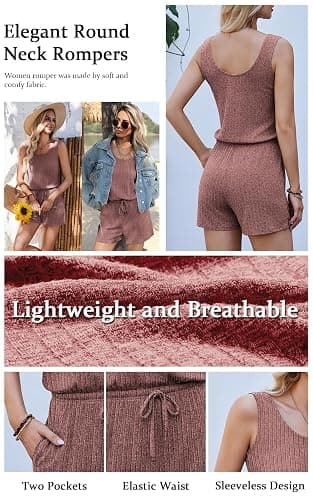 Ekouaer Rompers for Women Summer 2026 Casual Sleeveless Scoop Neck Tank Top Ribbed Short Jumpsuits Romper with Pockets thumbnail 5