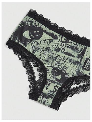 WDIRARA Women's 5 Pack Set Goth Graphic Print Mesh Sheer Lace Trim Mid Rise Underwear Briefs thumbnail 3