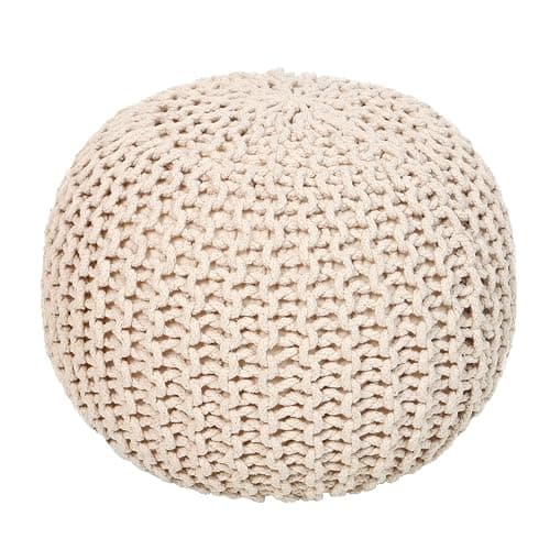 REDEARTH Round Pouf Ottoman - Cable Knitted Boho Poof - Home Décor Cord Pouffe Handmade Circular Footrest for Living Room - Bedroom - Kids Bedroom - 100% Cotton Pouf (18" x 18" x 14") - Ivory - Image 1