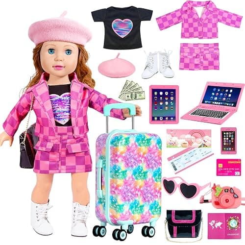 ARTST 18 inch Doll Clothes Accessories Girl Suitcase Luggage Travel Set-Doll Clothing Hat Handbag Sunglasses Camera Computer Passport Cell Phone for Christmas Birthday(NO Doll) thumbnail 2