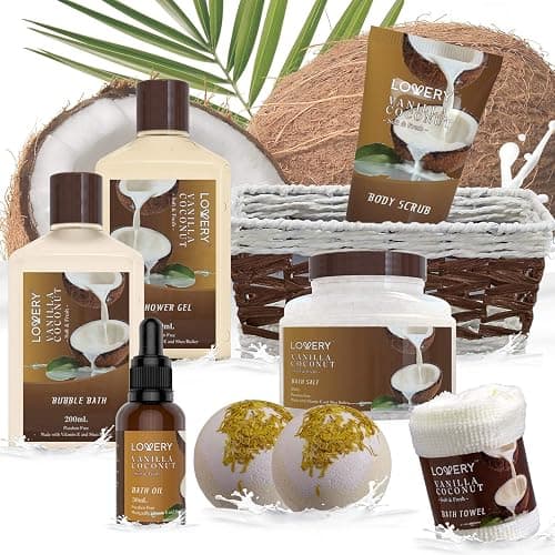 Gifts For Women Gift Basket for Women– 9 Piece Christmas Gifts Set of Vanilla Coconut Home Spa Set, Luxurious Holiday Bath and Body Sets Includes Fragrant Lotions, Extra Large Bath Bombs, Coconut Oil thumbnail 5