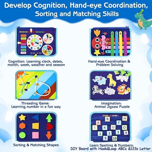 Esjay Toddler Busy Board Montessori Toys for Boys, Sensory Board Educational Activities for Learning Fine Motor Skills, Birthday Gifts for Boys Toddlers, Travel Toys for Airplane Car, Blue Dinosaur thumbnail 4
