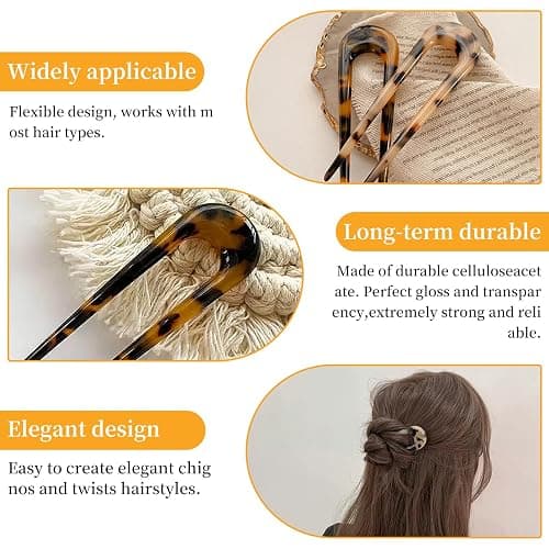 starfa lab 4 PCS French Hair Pin, U Shaped Metal Hair Fork, 2 Prong Updo Chignon Clip Sticks Buns Gold Silver Tortoiseshell Twist Fork For Classic French Variety Hairstyle Women Girls thumbnail 4