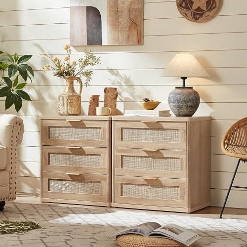 LEYAOYAO Rattan Night Stand Set of 2 with Drawers, 23" Large 3 Drawer Boho Nightstand, Natural Wood Bedside Table Storage Cabinet, Bed Side End Tables Dresser for Bedroom, Living Room, Hallway, Closet thumbnail 9