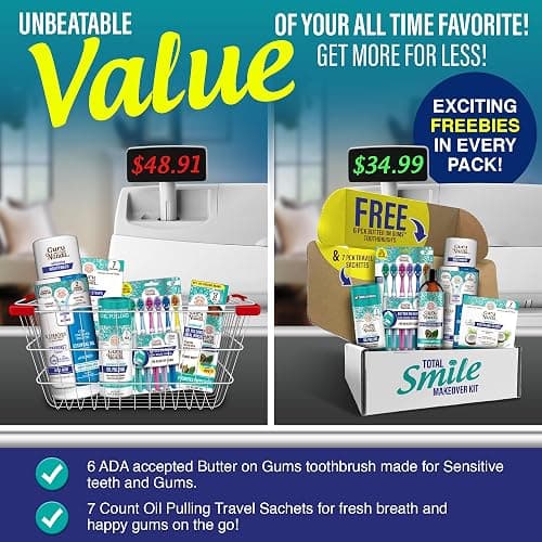 GuruNanda Total Smile Makeover Kit Regular with Cocomint Oil Pulling, Dual Barrel Whitening Mouthwash, Whitening Strips & Butter on Gums Toothbrushes thumbnail 7