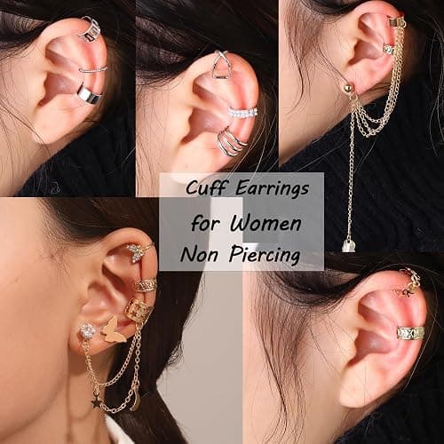 BESTEEL 66 Pcs Ear Cuff Earrings for Women Non Piercing,Hypoallergenic Silver plated Clip on Fake Earrings for Sensitive Ears,Ear Wrap Earrings for Helix Cartilage,Cz Star Butterfly Ear Cuffs Non Piercing thumbnail 4