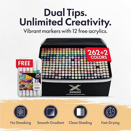Xushro Dual Tip Alcohol Markers Set – Black 262+2 Fine & Chisel Tips Drawing Kit with 12 Extra Acrylic Paint Markers, No Bleed & Blending Marker Sets for Adults and Kids Coloring Books & Drawing Stuff thumbnail 2