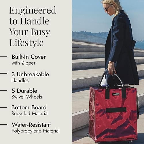 HULKEN - (Large, Cosmic Red Reusable Grocery Bag On Wheels, Shopping Trolley, Rolling Tote, Zipper Closure, Lightweight, Carries Up to 66 lb, Folds Flat, Unbreakable Handles thumbnail 2