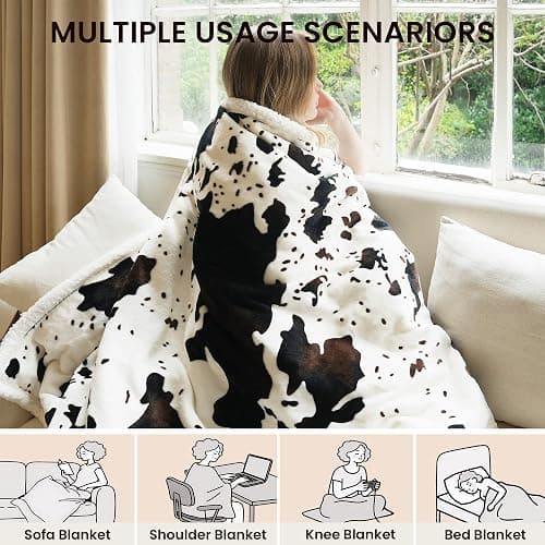 blunique Heated Blanket Electric Blanket, Cow Print Heating Blanket Throw with 10 Heat Levels & 10 Hrs Auto Off ETL Certified, Cozy Soft Fleece Sherpa Heated Throw Blanket, 50''x 60'' Cow Print White thumbnail 7