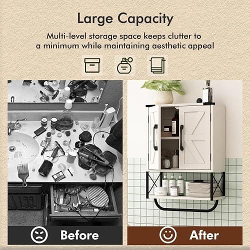 RUSTOWN Farmhouse Rustic Medicine Cabinet with Two Barn Door,Wood Wall Mounted Storage Cabinet with Adjustable Shelf and Towel Bar, 3-Tier Cabinet for Bathroom, Living Room(Vintage White) thumbnail 10