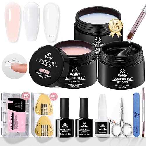 Beetles Hard Gel for Nails Kit,3 Colors Clear Nude Jelly White Sculpted Gel,Nail Extension,Sculpting,with Long Square Half Cover Nail Tips for Salon Pros Women,Nude&Clear Builder Gels,UV&LED Cured - Image 1