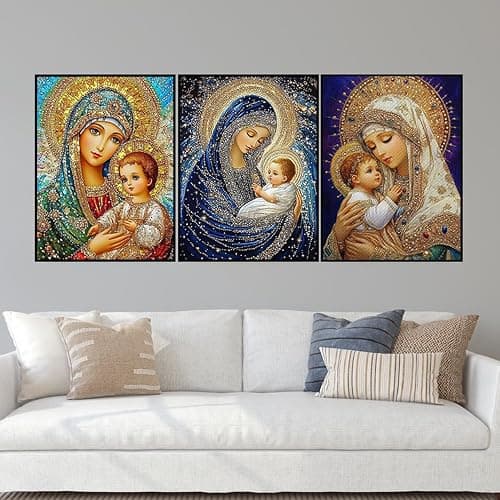 CHWGLFGG 5D Diamond Art Kits for Adults Beginners, 3 Pack Virgin Mary Diamond Painting Kits, DIY Full Round Drill Paint by Diamonds Dot Gem Art for Adults, Home Wall Decor 12x 16 Inch thumbnail 2